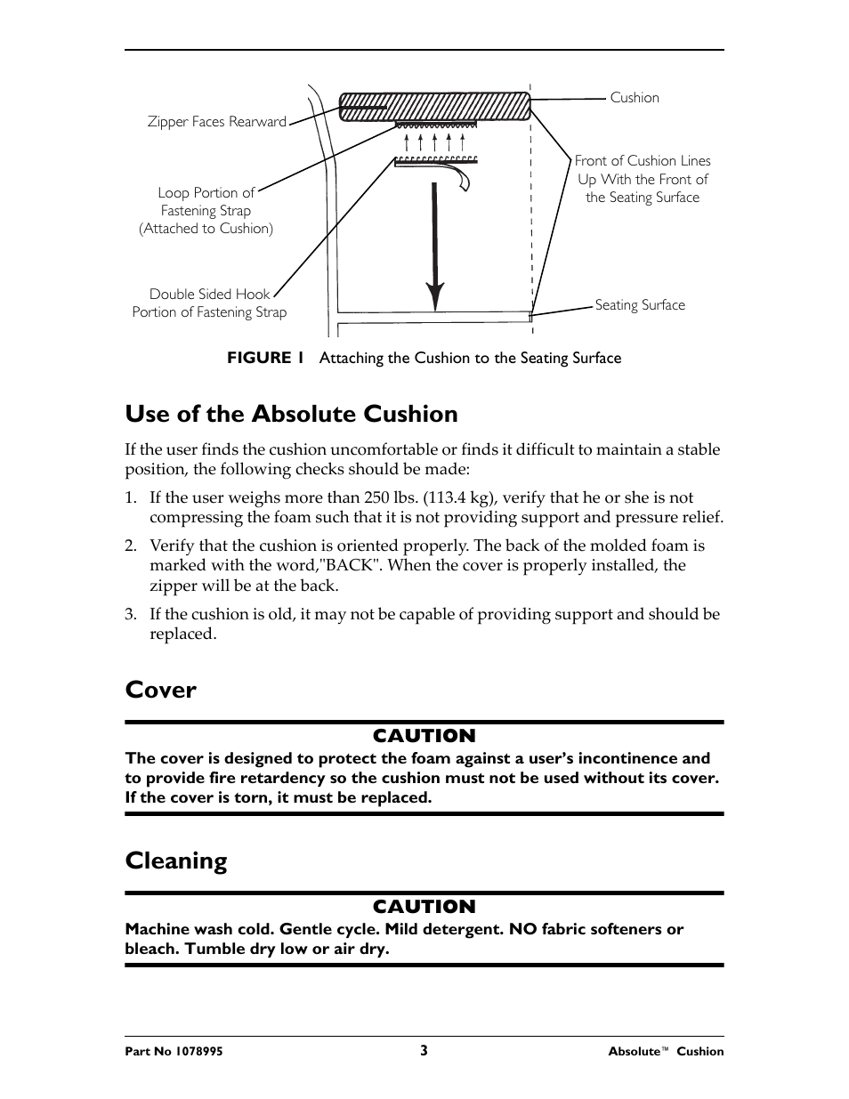 Use of the absolute cushion, Cover, Cleaning | Invacare Absolute Cushion User Manual | Page 3 / 16