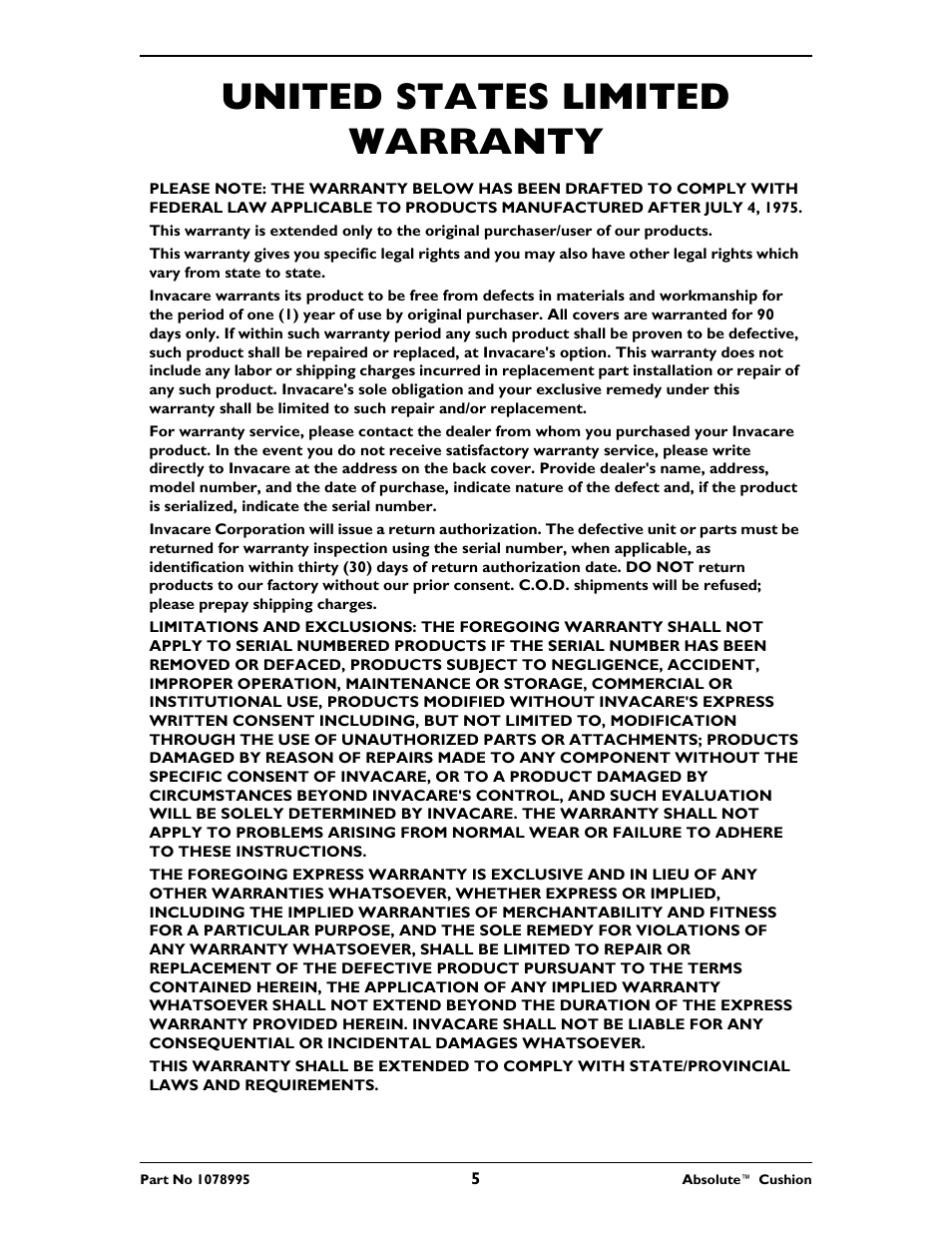 United states limited warranty | Invacare Absolute Cushion User Manual | Page 5 / 16