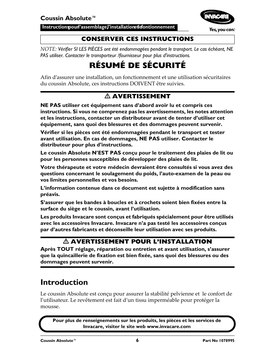 Résumé de sécurité, Introduction | Invacare Absolute Cushion User Manual | Page 6 / 16