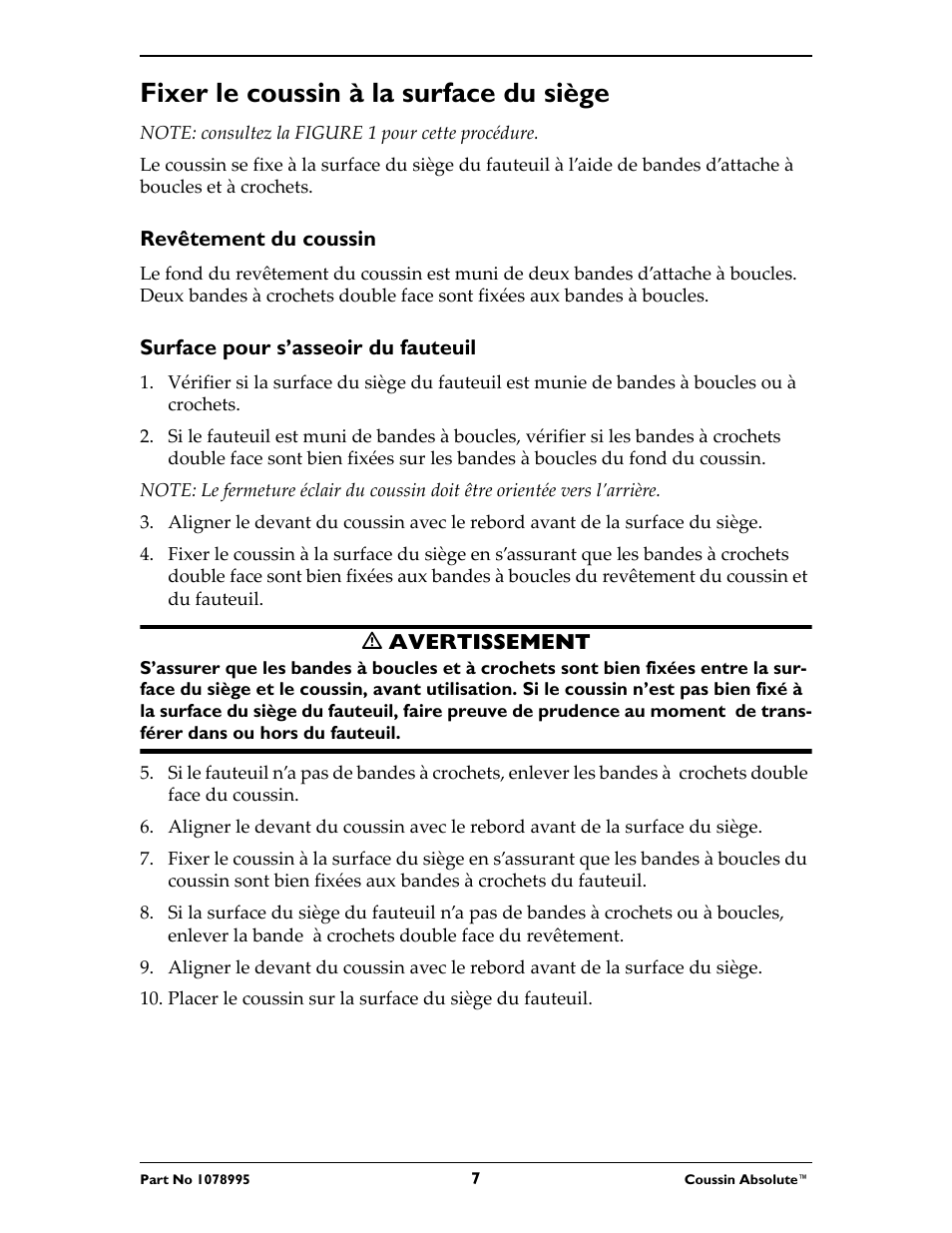 Fixer le coussin à la surface du siège | Invacare Absolute Cushion User Manual | Page 7 / 16