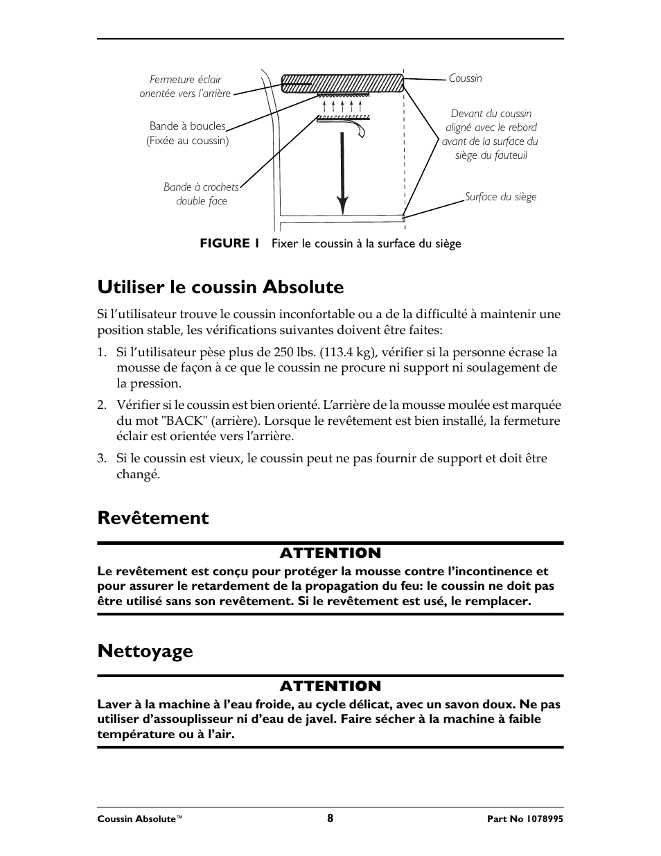 Utiliser le coussin absolute, Revêtement, Nettoyage | Invacare Absolute Cushion User Manual | Page 8 / 16