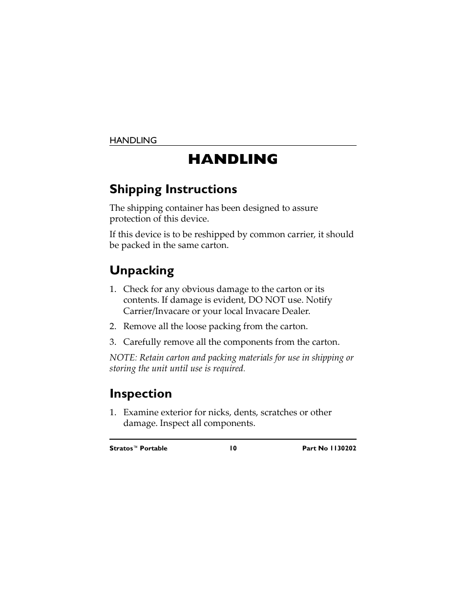 Handling, Shipping instructions, Unpacking | Remove all the loose packing from the carton, Inspection, Manipulación, Instrucciones de envío, Desembalaje, Retire el material de embalaje, Retire cuidadosamente todas las piezas | Invacare IRC 1720 User Manual | Page 10 / 124