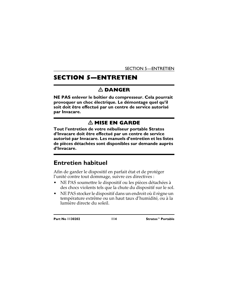 Entretien habituel | Invacare IRC 1720 User Manual | Page 114 / 124