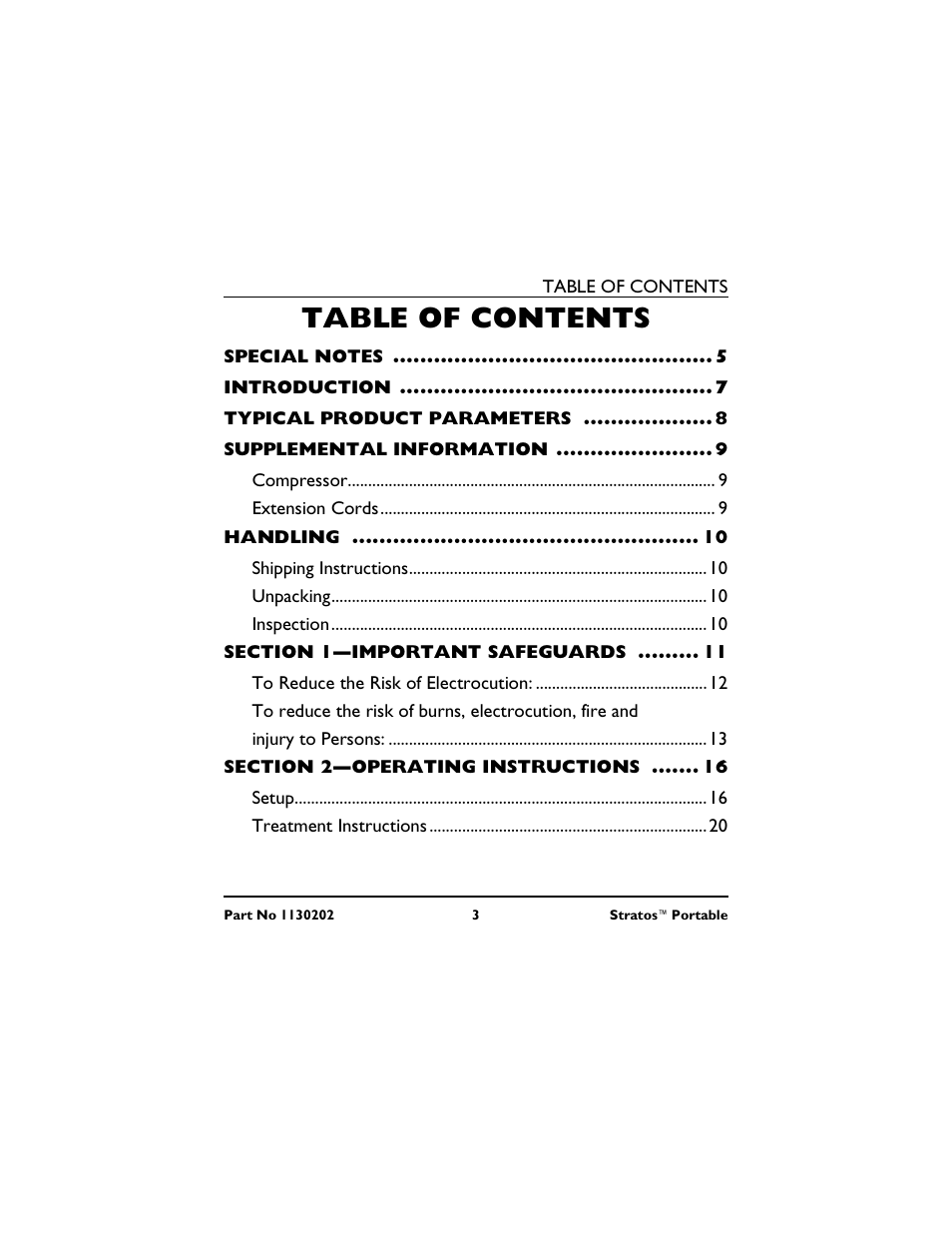 Special notes 5, Introduction 7, Typical product parameters 8 | Supplemental information 9, Compressor 9, Extension cords 9, Handling 10, Shipping instructions 10, Unpacking 10, Inspection 10 | Invacare IRC 1720 User Manual | Page 3 / 124