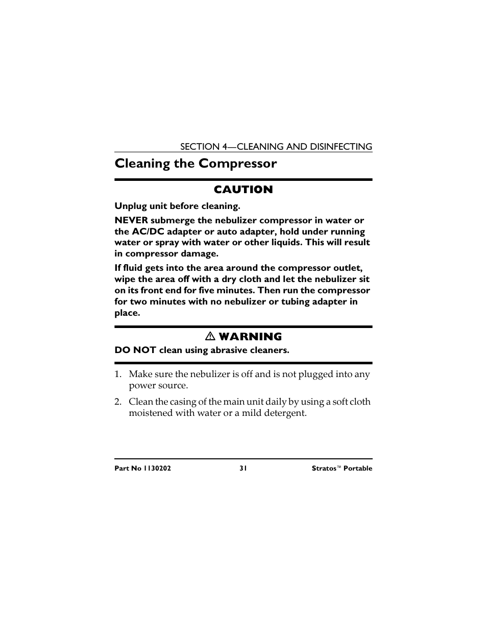 Cleaning the compressor, Caution, Unplug unit before cleaning | M warning, Do not clean using abrasive cleaners, Limpieza del compresor, Precaución, M advertencia, No utilice limpiadores abrasivos, Nettoyage du compresseur | Invacare IRC 1720 User Manual | Page 31 / 124