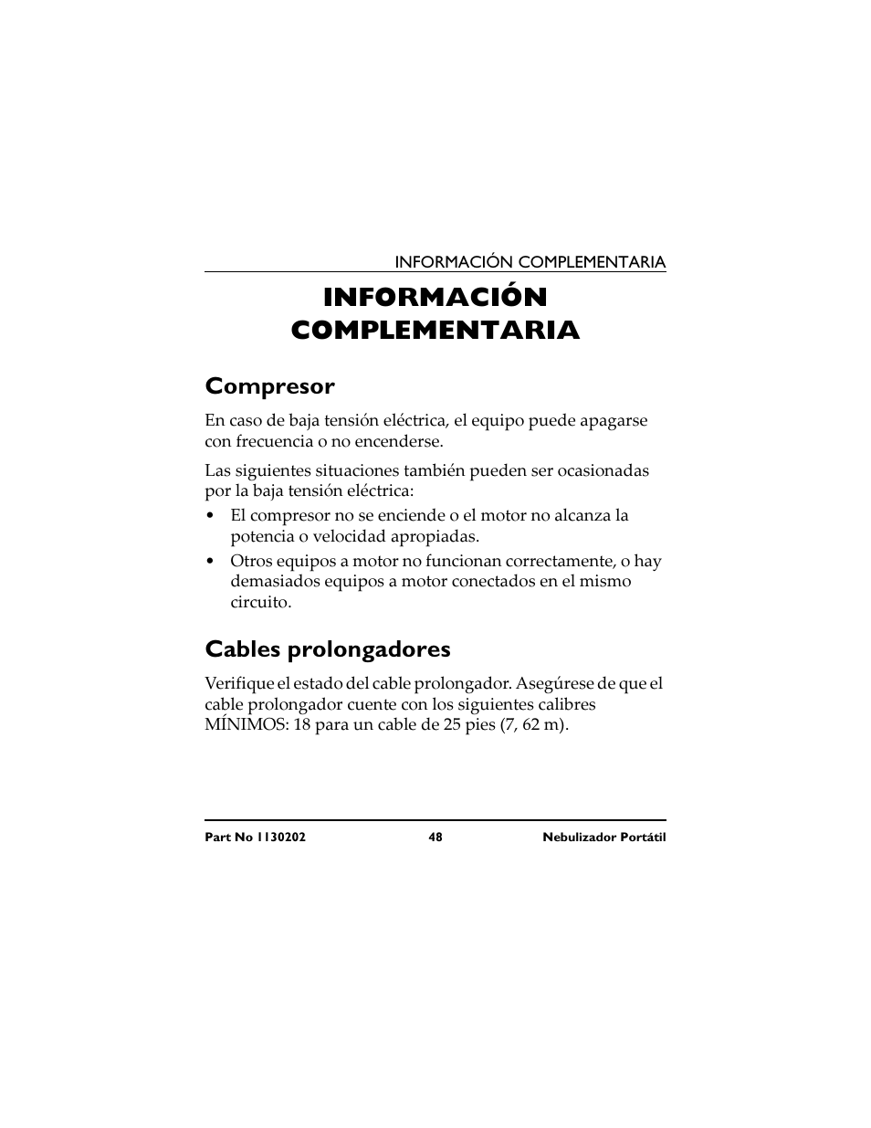 Información complementaria, Compresor, Cables prolongadores | Invacare IRC 1720 User Manual | Page 48 / 124
