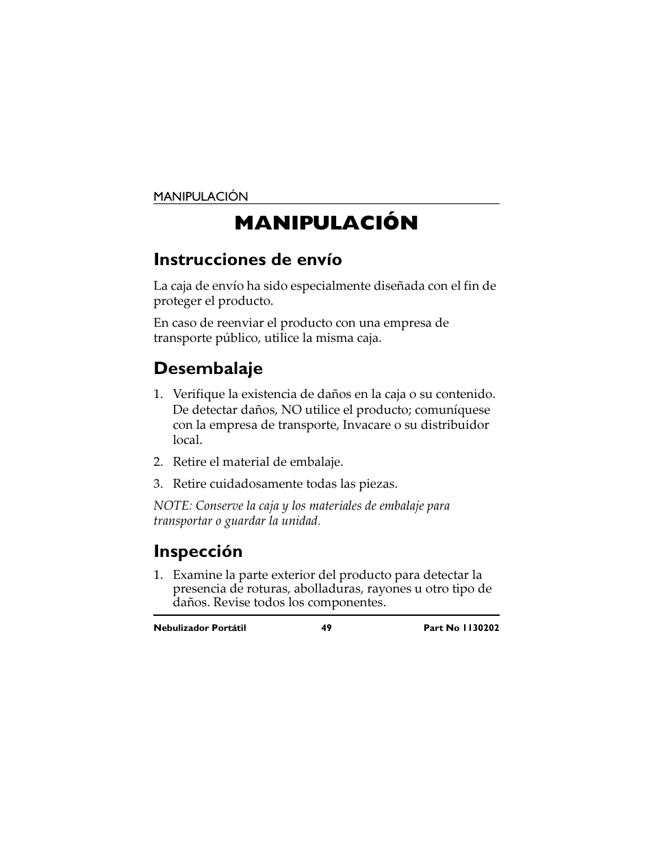 Manipulación, Instrucciones de envío, Desembalaje | Inspección | Invacare IRC 1720 User Manual | Page 49 / 124