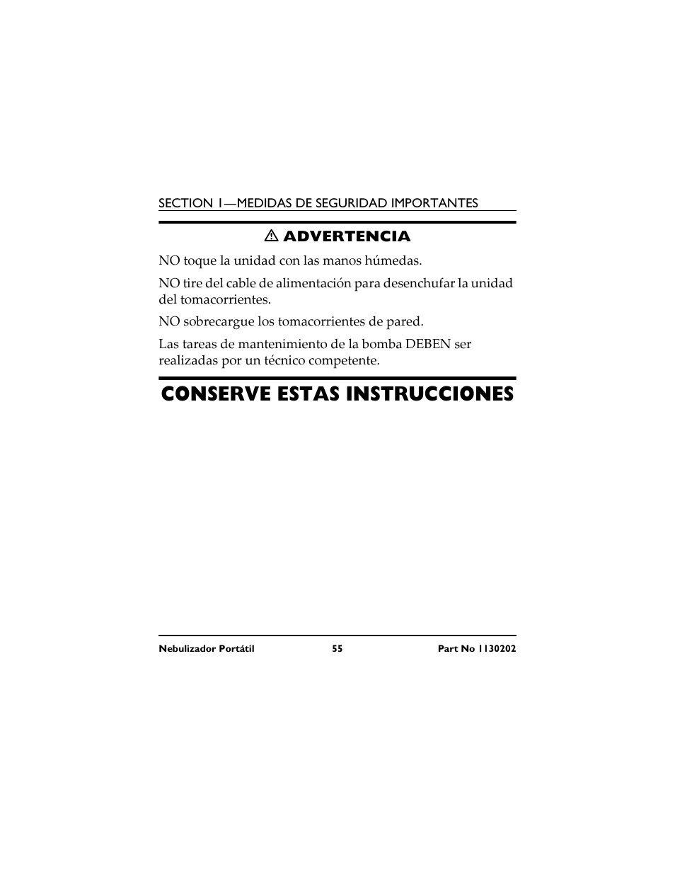 No toque la unidad con las manos húmedas, Conserve estas instrucciones | Invacare IRC 1720 User Manual | Page 55 / 124