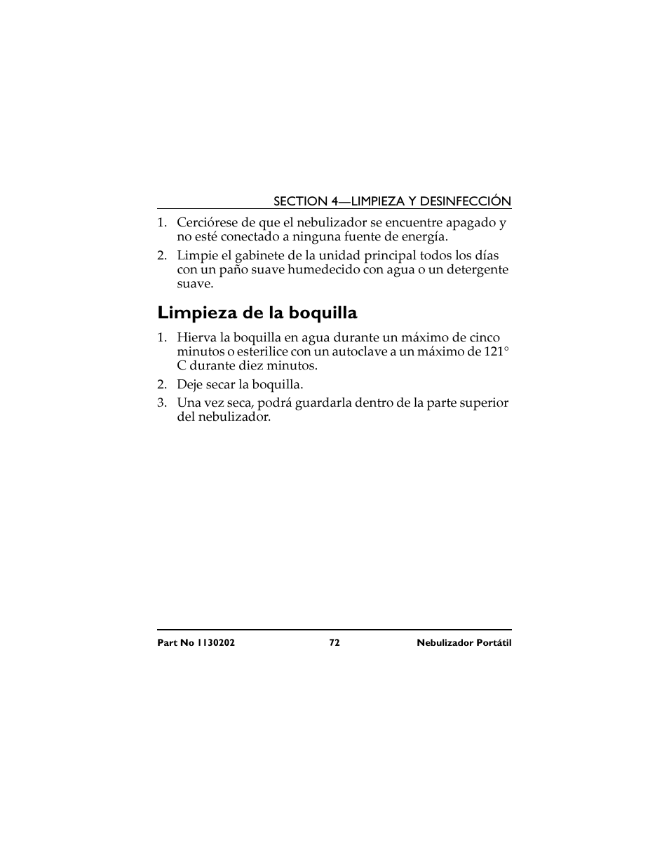 Limpieza de la boquilla | Invacare IRC 1720 User Manual | Page 72 / 124