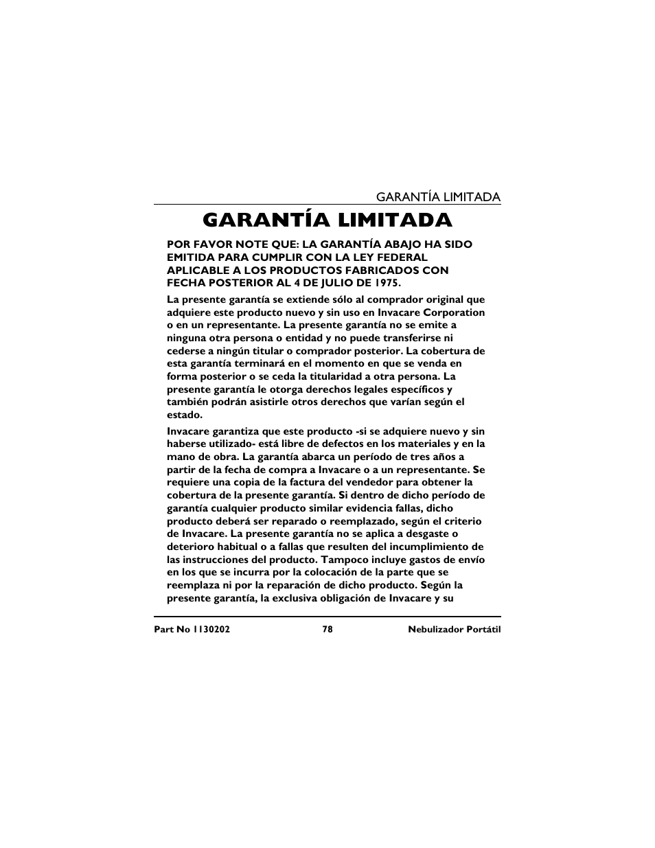 Garantía limitada | Invacare IRC 1720 User Manual | Page 78 / 124