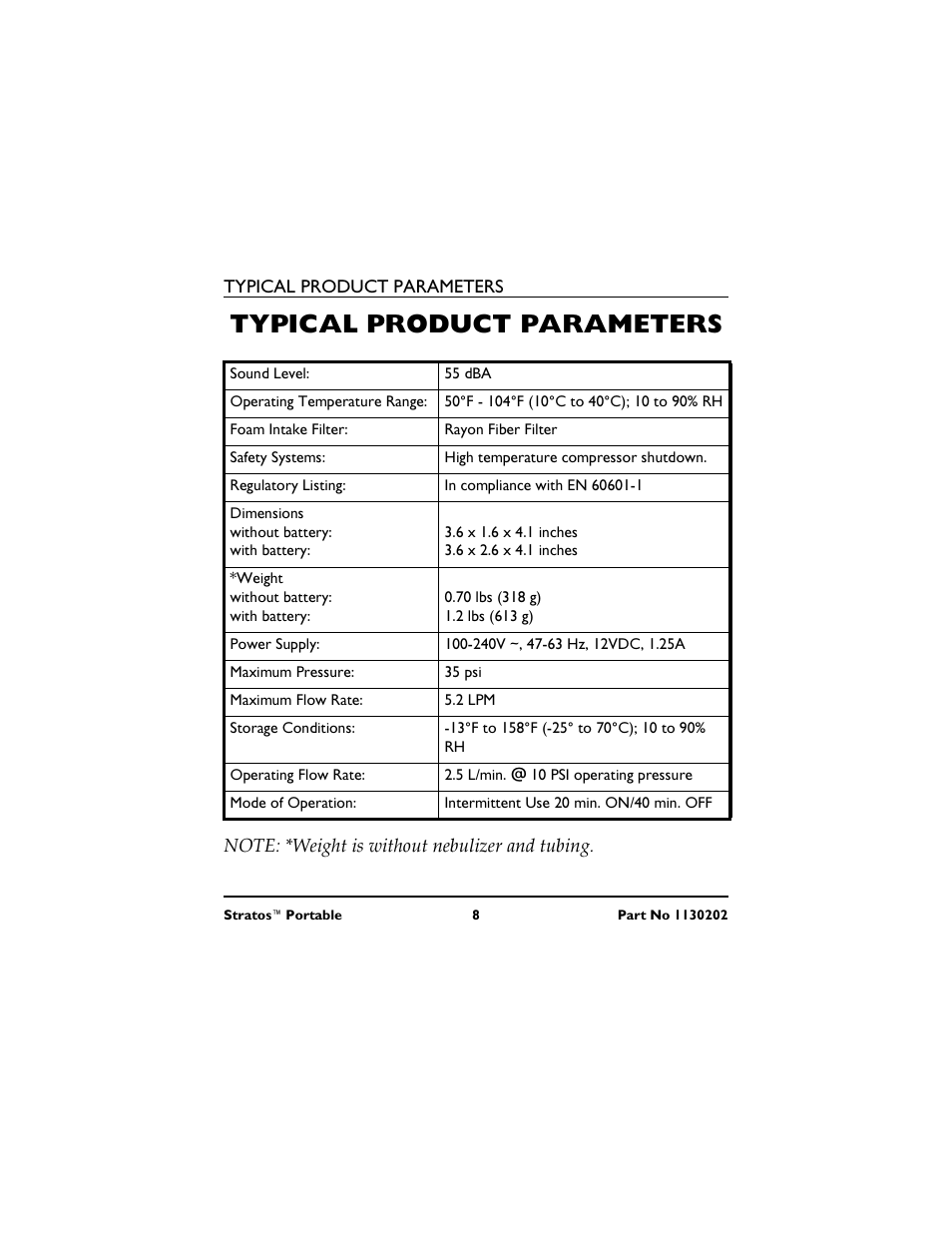 Typical product parameters, Sound level, 55 dba | Operating temperature range, 50˚f - 104˚f (10˚c to 40˚c); 10 to 90% rh, Foam intake filter, Rayon fiber filter, Safety systems, High temperature compressor shutdown, Regulatory listing | Invacare IRC 1720 User Manual | Page 8 / 124