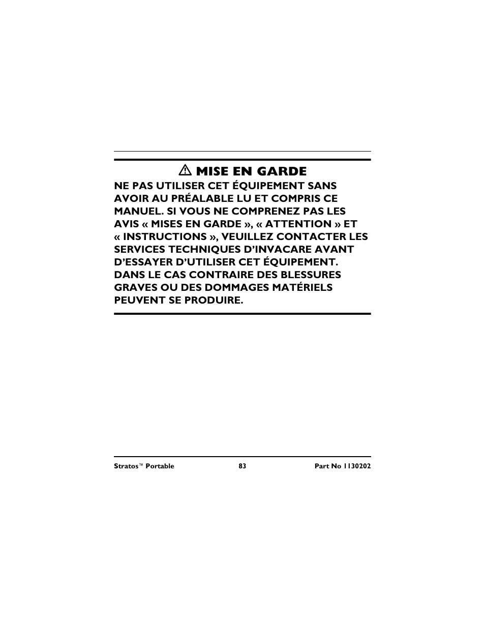 Mise en garde | Invacare IRC 1720 User Manual | Page 83 / 124