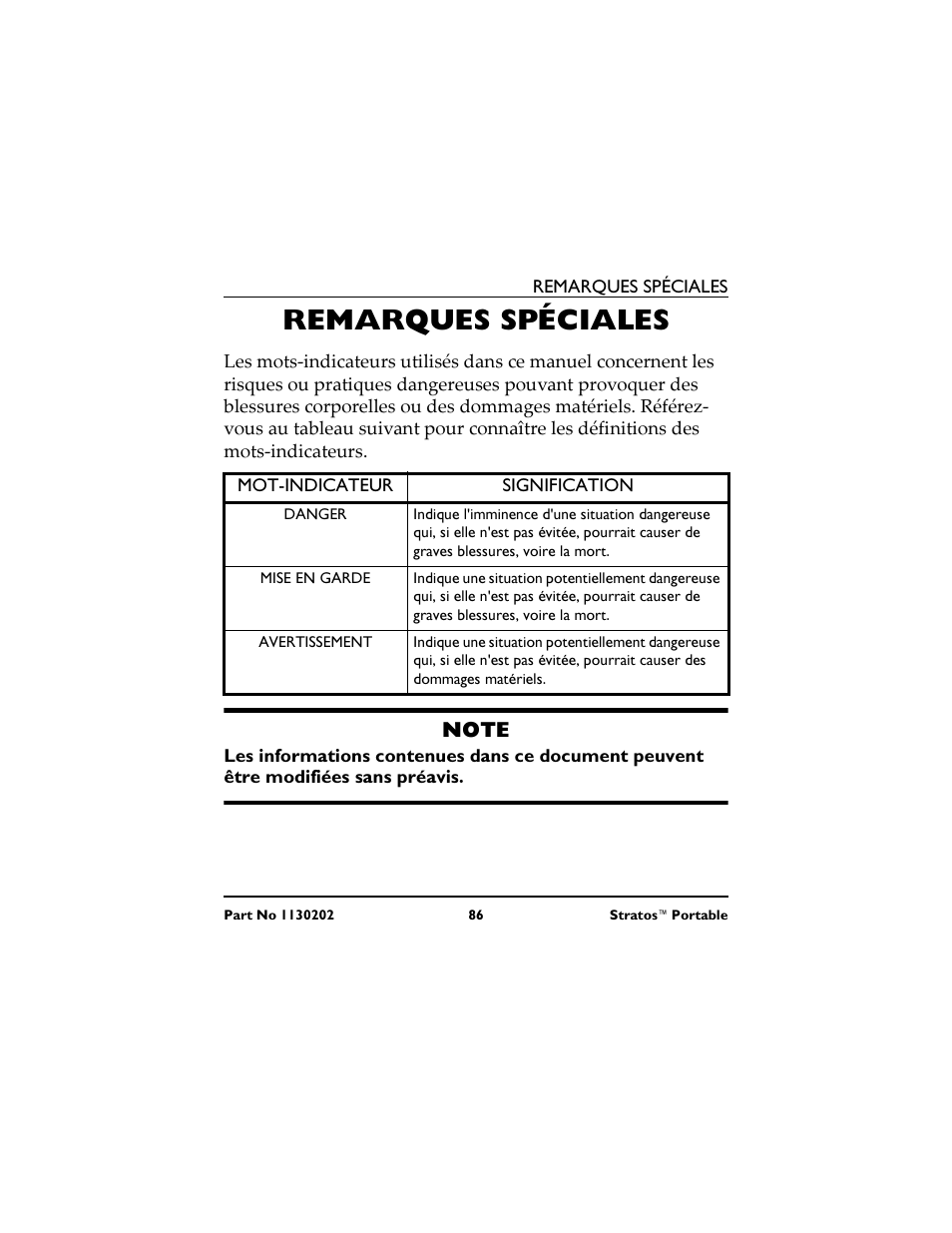 Remarques spéciales, Mot-indicateur, Signification | Danger, Mise en garde, Avertissement | Invacare IRC 1720 User Manual | Page 86 / 124