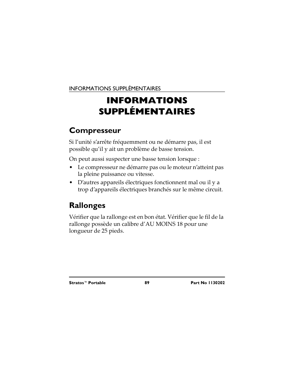 Informations supplémentaires, Compresseur, Rallonges | Invacare IRC 1720 User Manual | Page 89 / 124