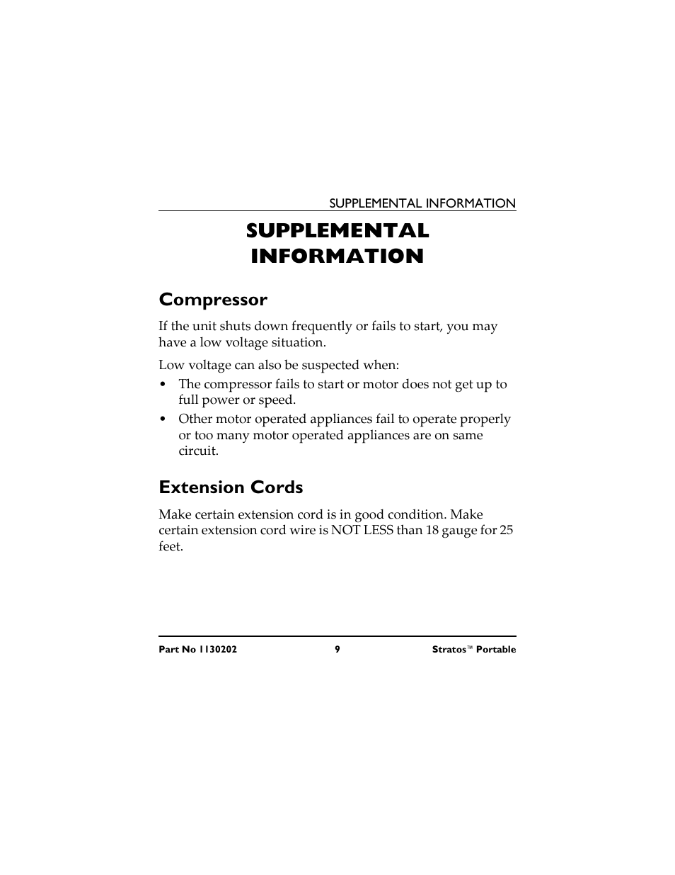 Supplemental information, Compressor, Low voltage can also be suspected when | Extension cords, Información complementaria, Compresor, Cables prolongadores, Informations supplémentaires, Compresseur, On peut aussi suspecter une basse tension lorsque | Invacare IRC 1720 User Manual | Page 9 / 124