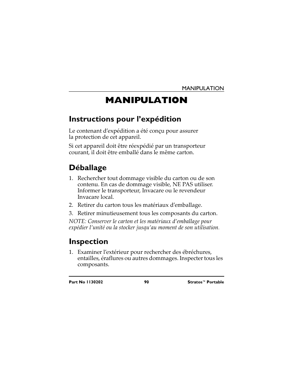 Manipulation, Instructions pour l’expédition, Déballage | Inspection | Invacare IRC 1720 User Manual | Page 90 / 124