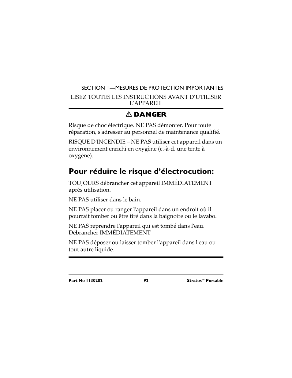 Pour réduire le risque d’électrocution | Invacare IRC 1720 User Manual | Page 92 / 124