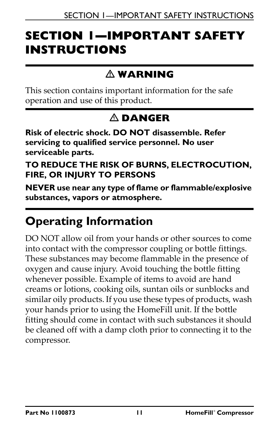 Operating information, Ƽ warning, Ꮨ danger | Invacare Compressor User Manual | Page 11 / 36