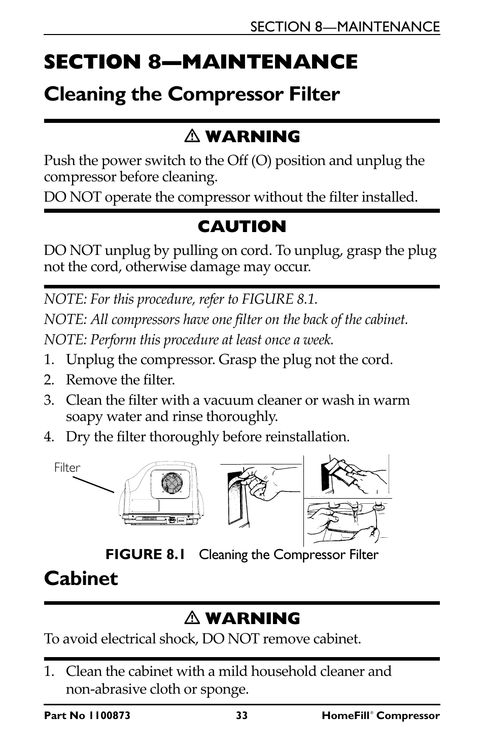 Cabinet, Ƽ warning, Caution | Invacare Compressor User Manual | Page 33 / 36