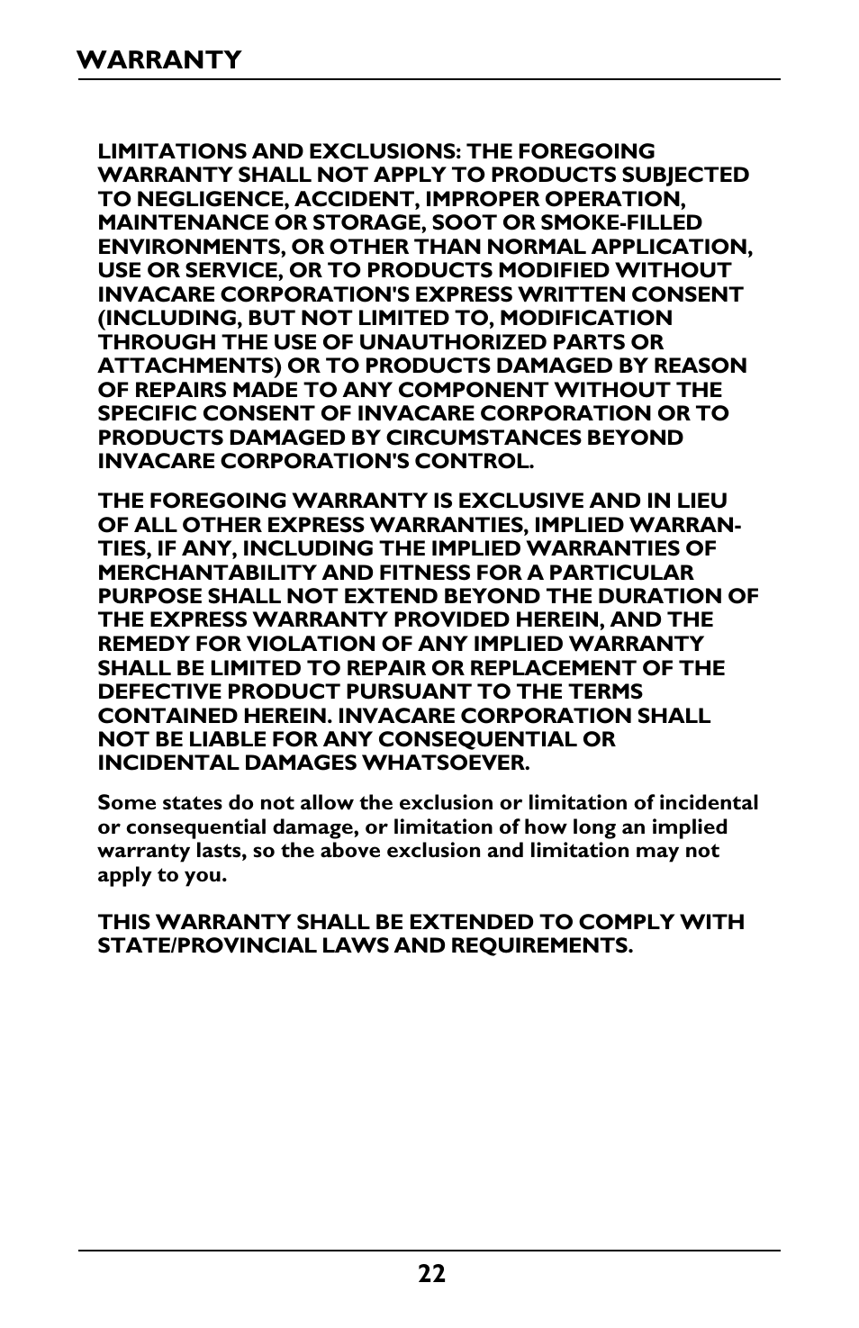 Warranty | Invacare IRC5LXO2 User Manual | Page 22 / 44