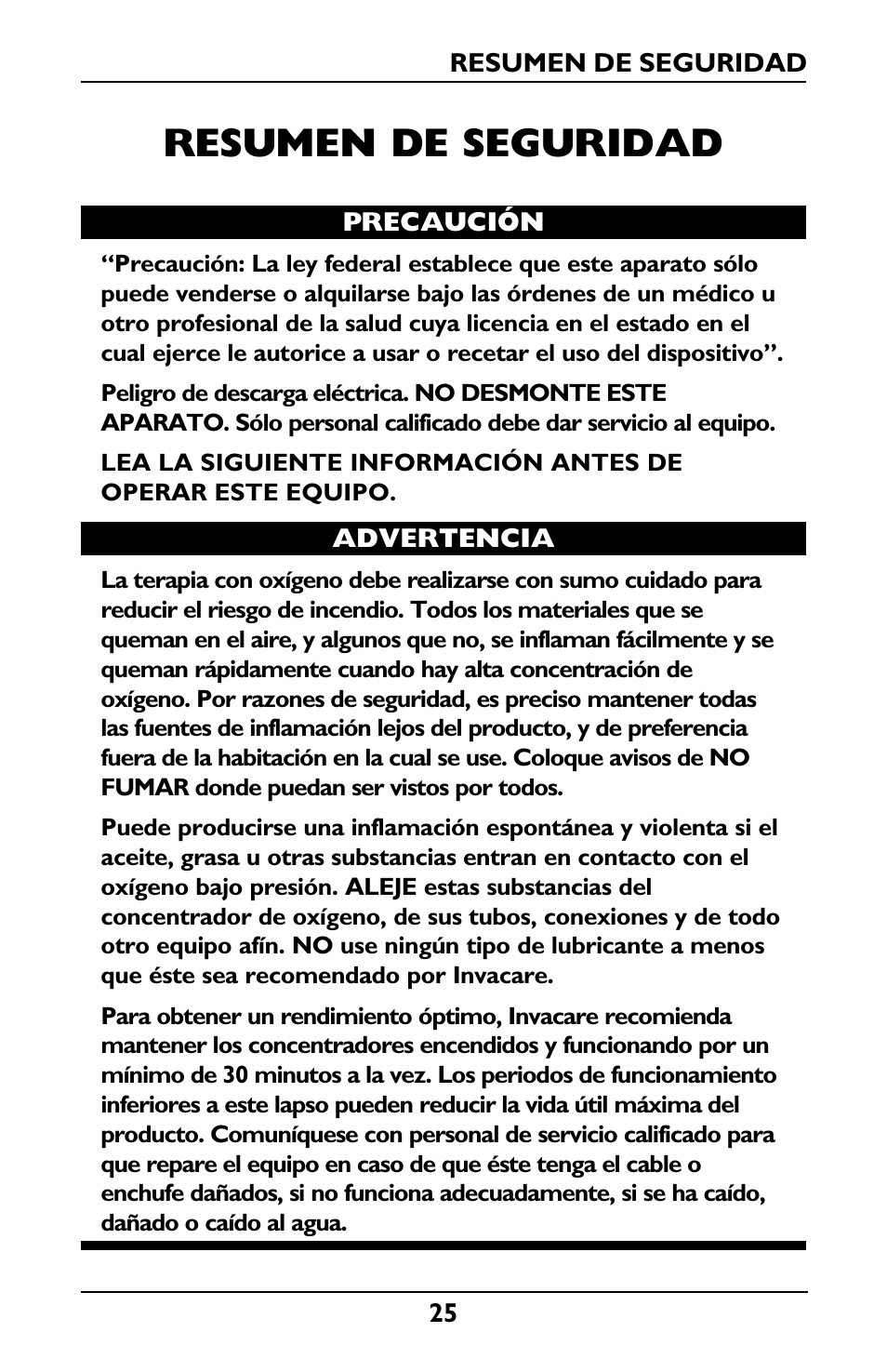 Resumen de seguridad | Invacare IRC5LXO2 User Manual | Page 25 / 44