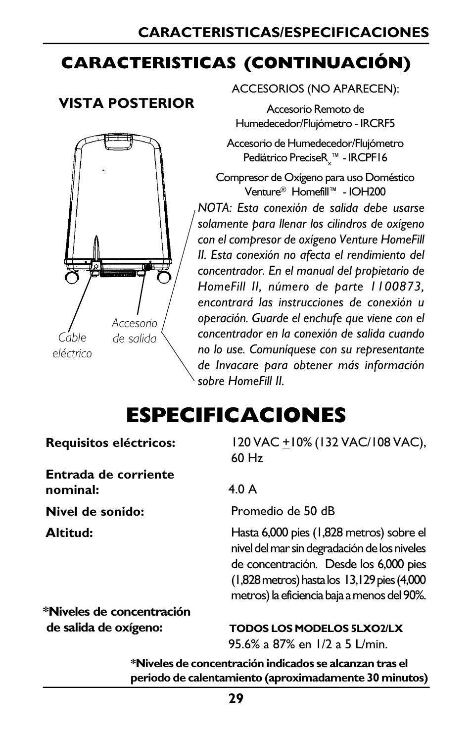 Especificaciones, Caracteristicas (continuación) | Invacare IRC5LXO2 User Manual | Page 29 / 44