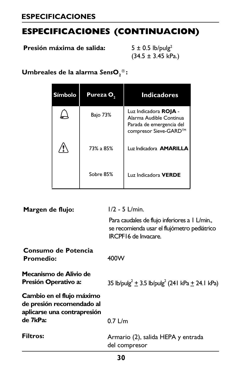 Especificaciones (continuacion), Especificaciones | Invacare IRC5LXO2 User Manual | Page 30 / 44