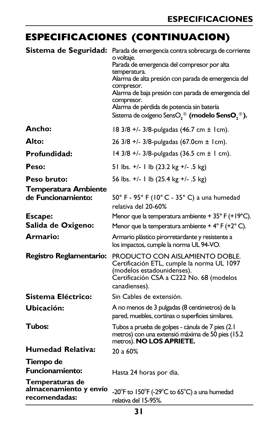 Especificaciones (continuacion), 31 especificaciones | Invacare IRC5LXO2 User Manual | Page 31 / 44