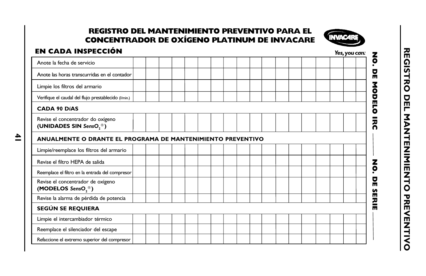 41 registro del mantenimiento preventivo, En cada inspección no. de modelo irc no. de serie | Invacare IRC5LXO2 User Manual | Page 41 / 44