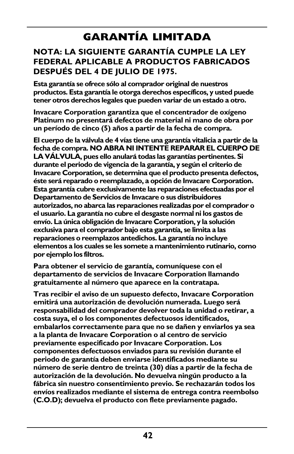 Garantía limitada | Invacare IRC5LXO2 User Manual | Page 42 / 44