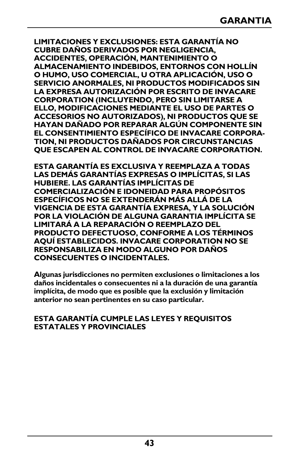 43 garantia | Invacare IRC5LXO2 User Manual | Page 43 / 44