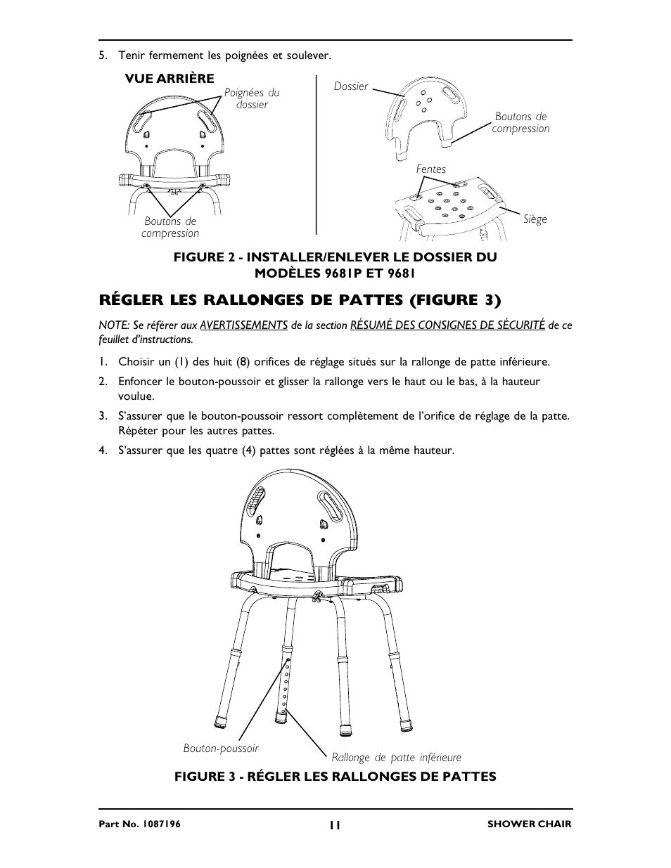 Régler les rallonges de pattes (figure 3) | Invacare 9680P User Manual | Page 11 / 12
