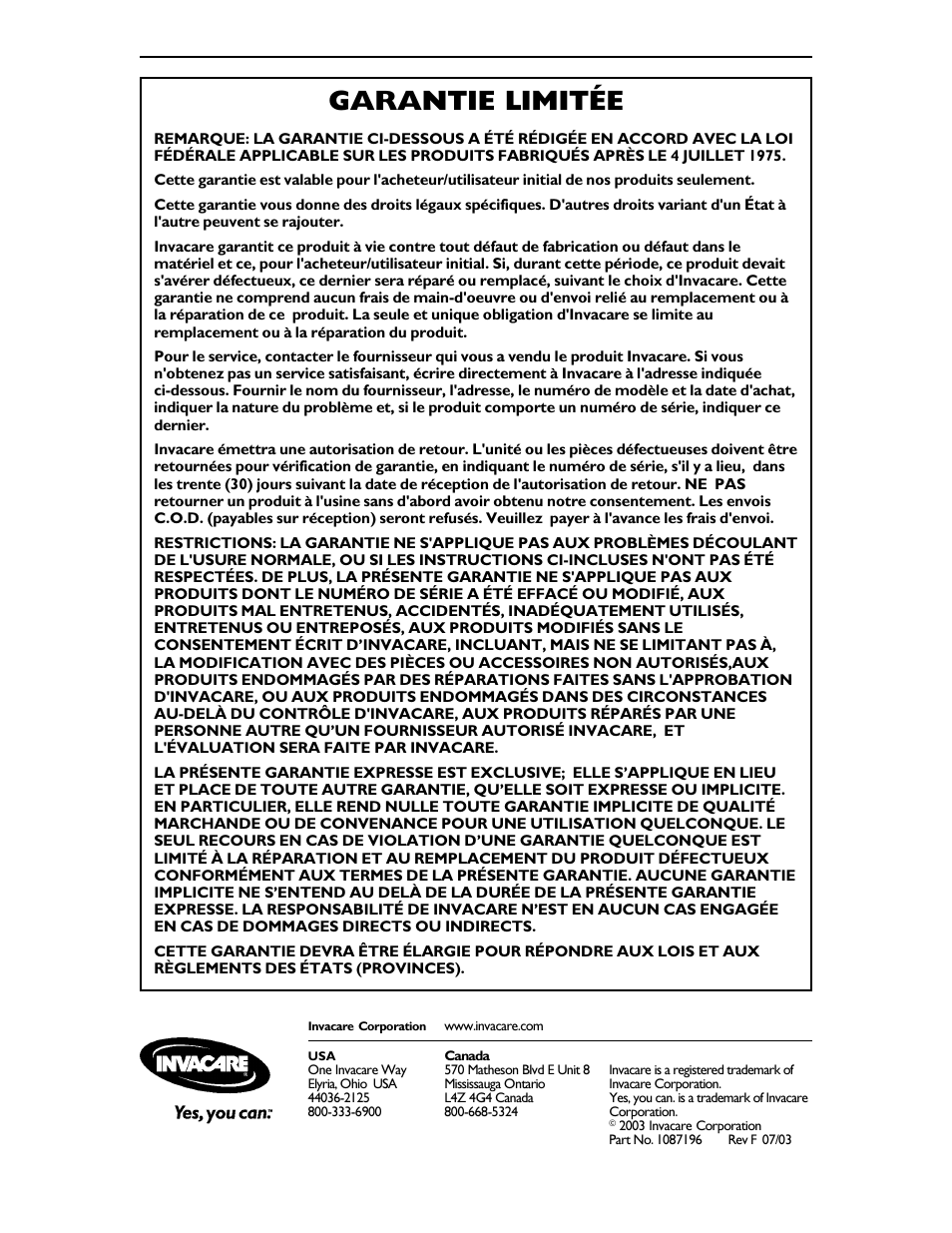 Garantie limitée | Invacare 9680P User Manual | Page 12 / 12