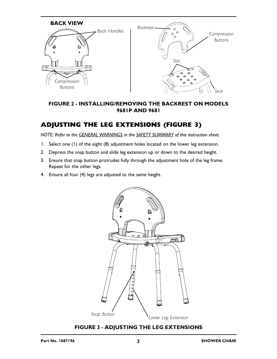 Adjusting the leg extensions (figure 3) | Invacare 9680P User Manual | Page 3 / 12