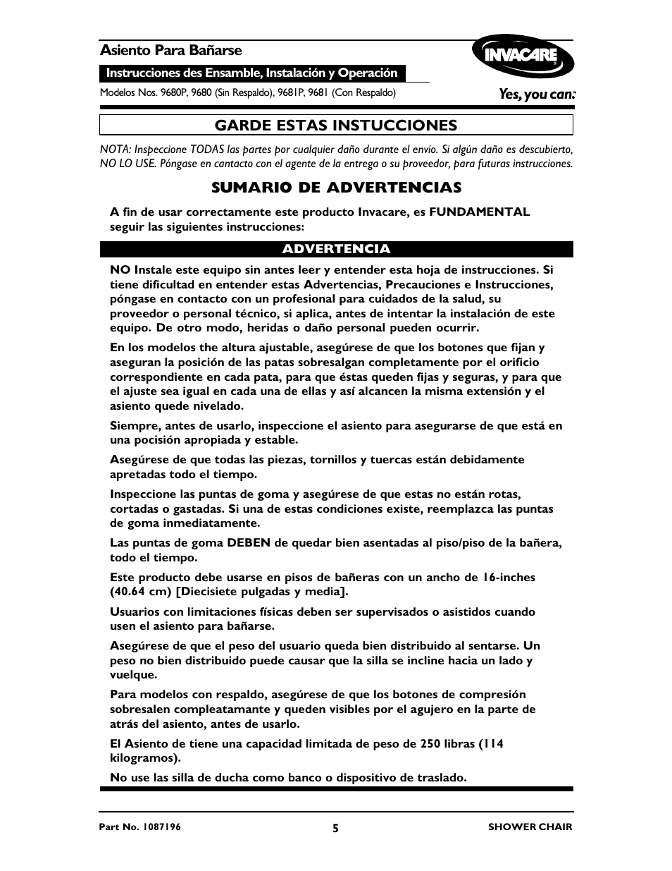 Asiento para bañarse, Sumario de advertencias, Garde estas instucciones | Invacare 9680P User Manual | Page 5 / 12