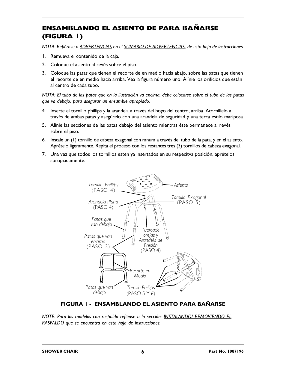 Ensamblando el asiento de para bañarse (figura 1) | Invacare 9680P User Manual | Page 6 / 12