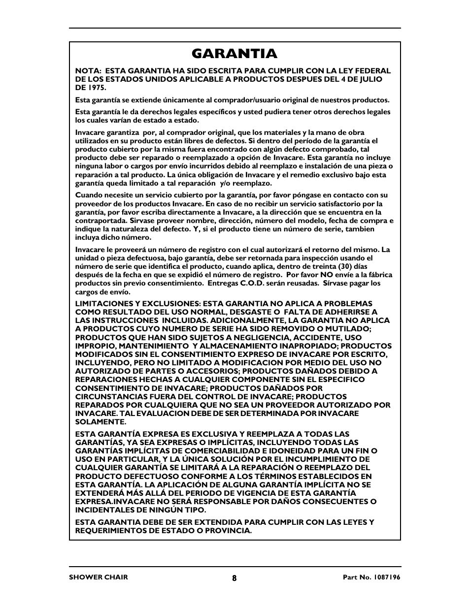 Garantia | Invacare 9680P User Manual | Page 8 / 12