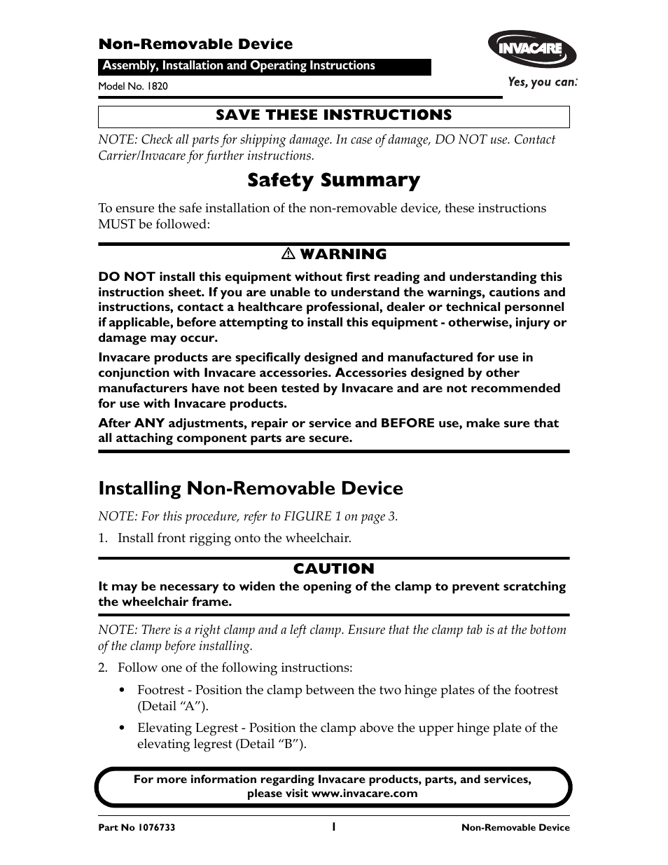 Invacare Non-Removable Device 1820 User Manual | 4 pages