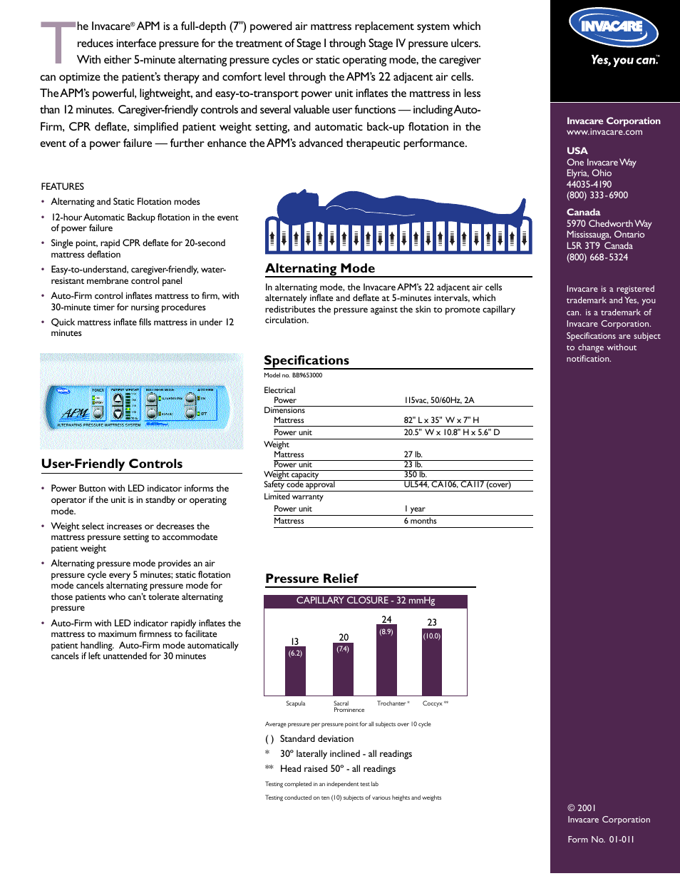 Alternating mode, Specifications, User-friendly controls | Pressure relief | Invacare APM User Manual | Page 2 / 2