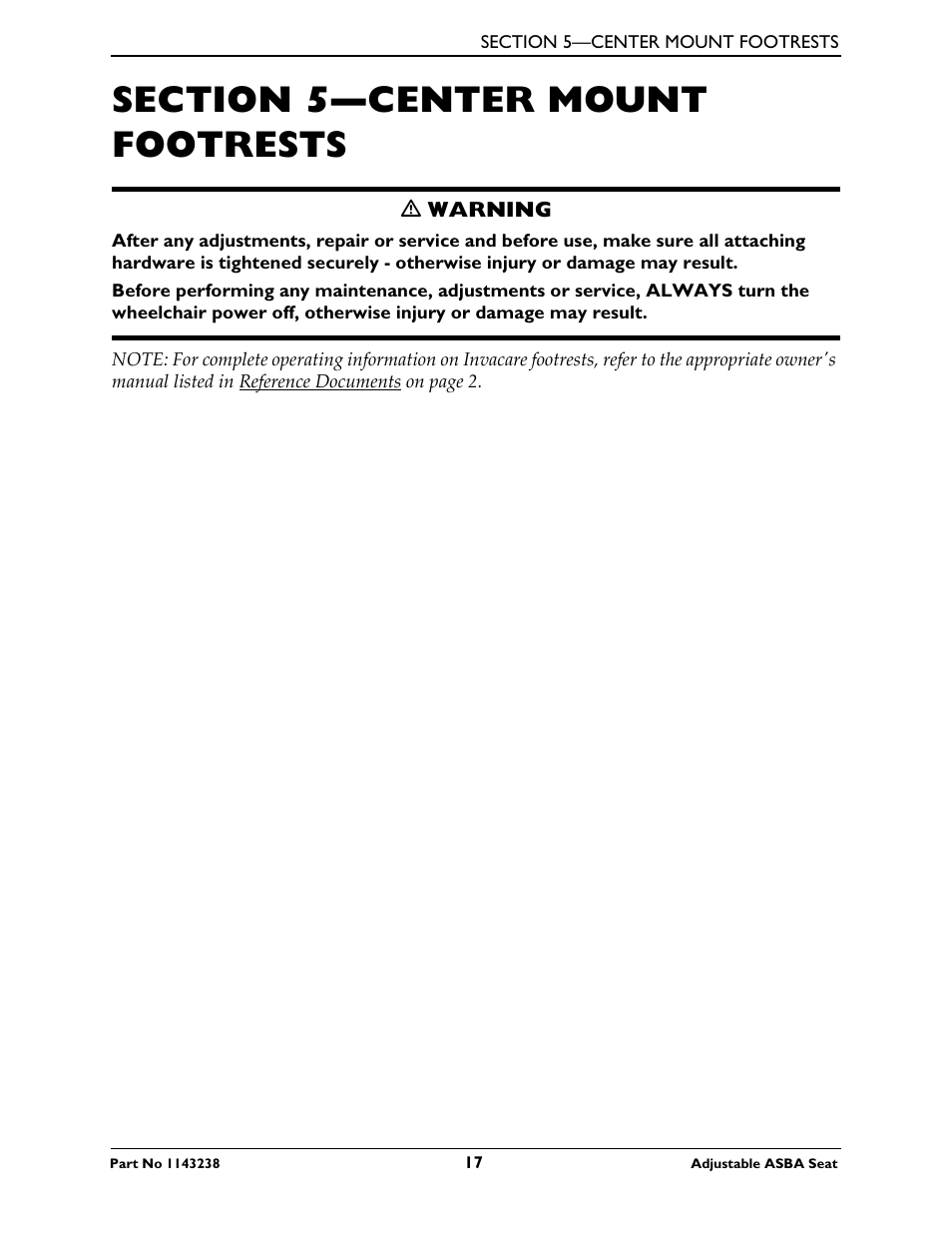 Section 5—center mount footrests | Invacare Adjustable ASBA Seat User Manual | Page 17 / 76
