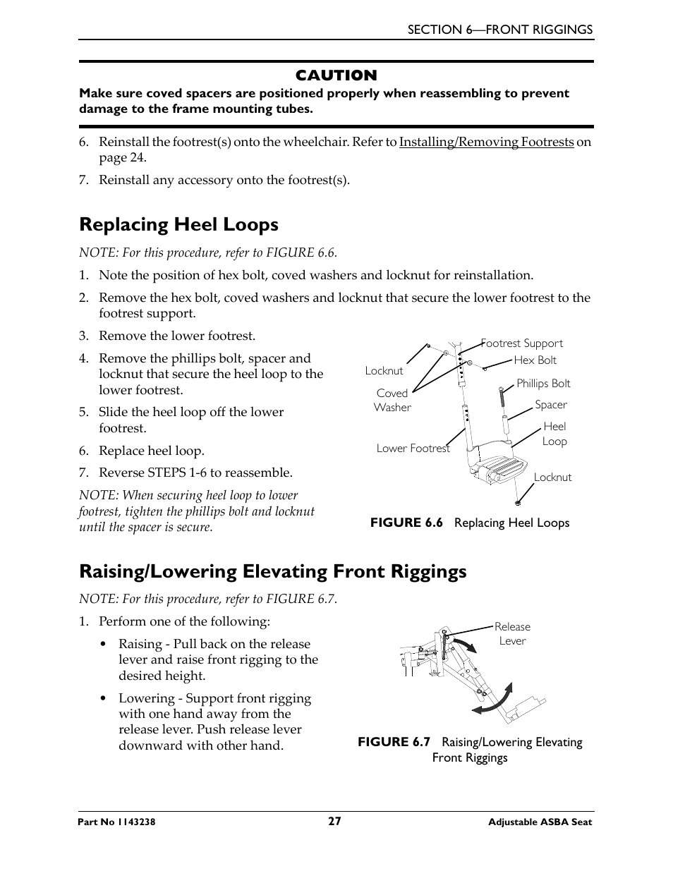 Replacing heel loops, Raising/lowering elevating front riggings | Invacare Adjustable ASBA Seat User Manual | Page 27 / 76