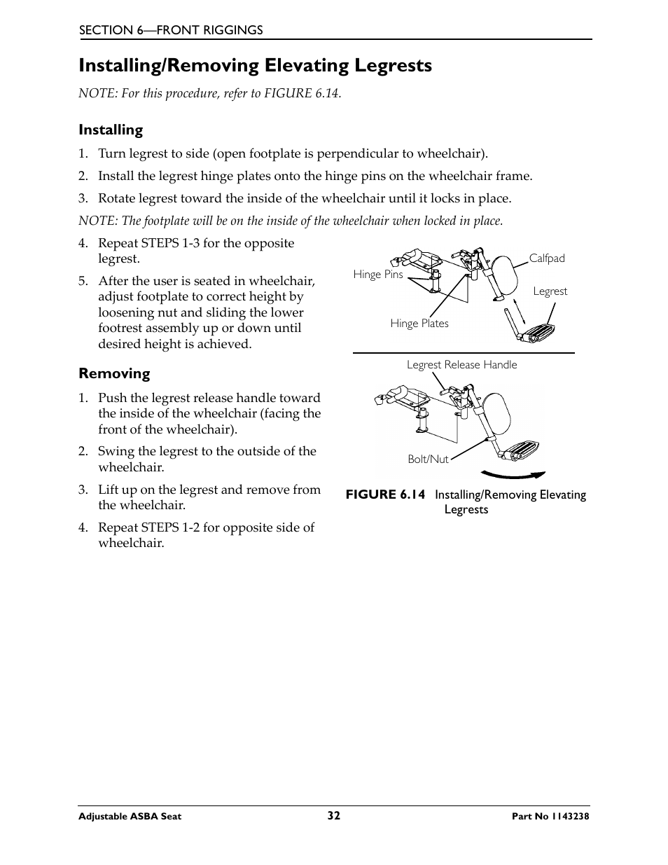 Installing/removing elevating legrests, Installing removing | Invacare Adjustable ASBA Seat User Manual | Page 32 / 76