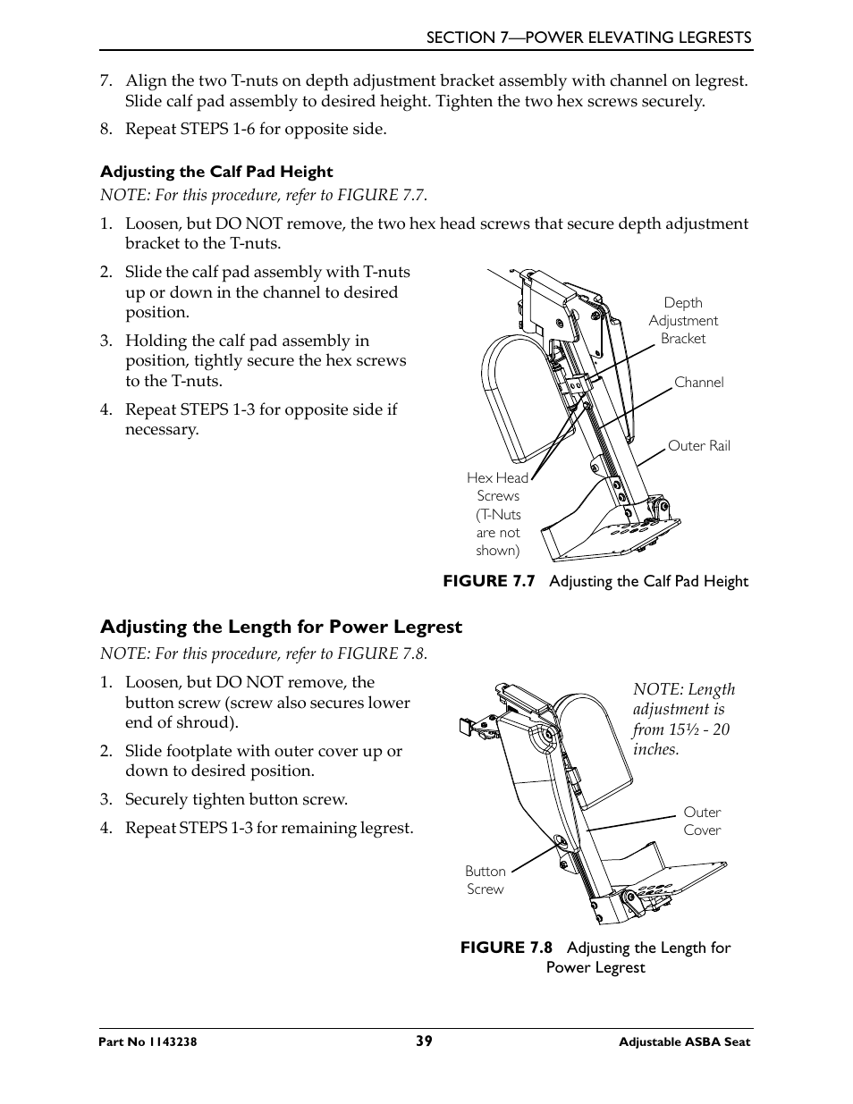 Adjusting the length for power legrest | Invacare Adjustable ASBA Seat User Manual | Page 39 / 76