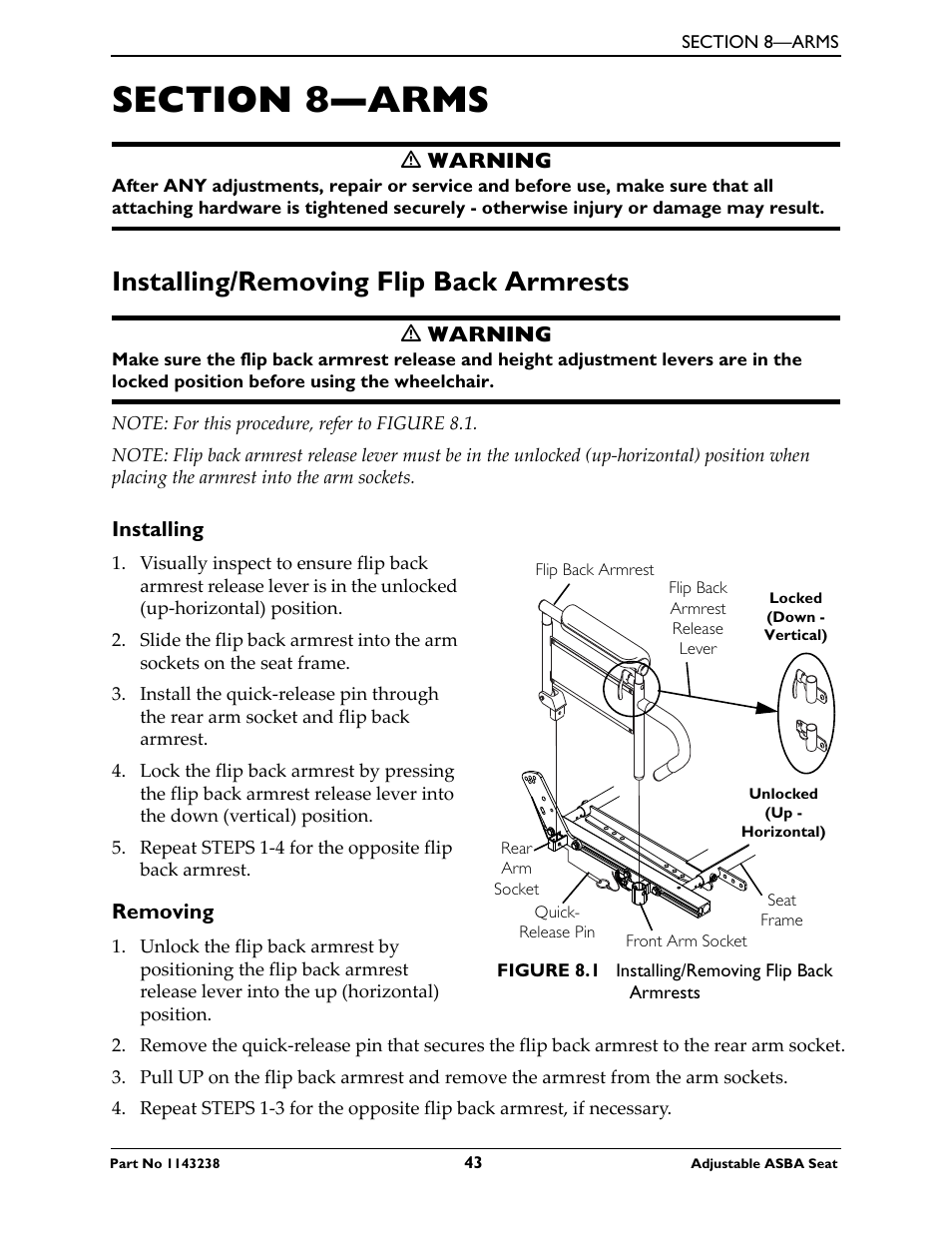 Section 8—arms, Installing/removing flip back armrests, Installing | Removing | Invacare Adjustable ASBA Seat User Manual | Page 43 / 76