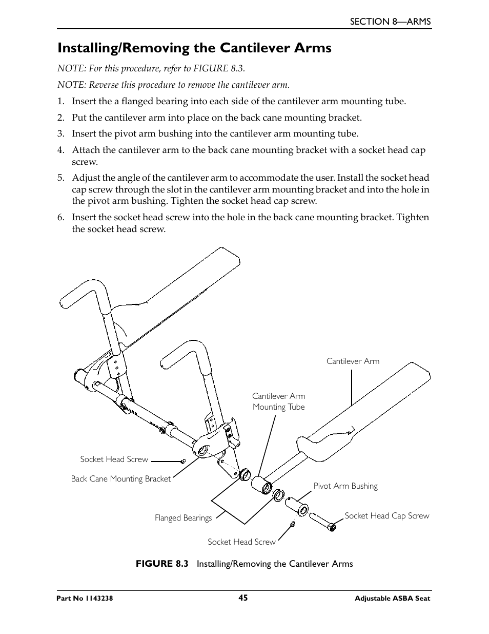 Installing/removing the cantilever arms | Invacare Adjustable ASBA Seat User Manual | Page 45 / 76