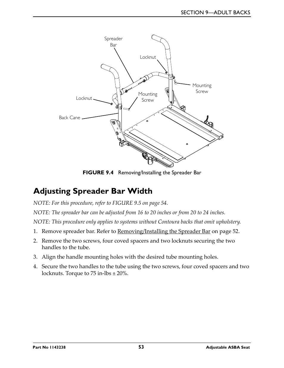 Adjusting spreader bar width | Invacare Adjustable ASBA Seat User Manual | Page 53 / 76