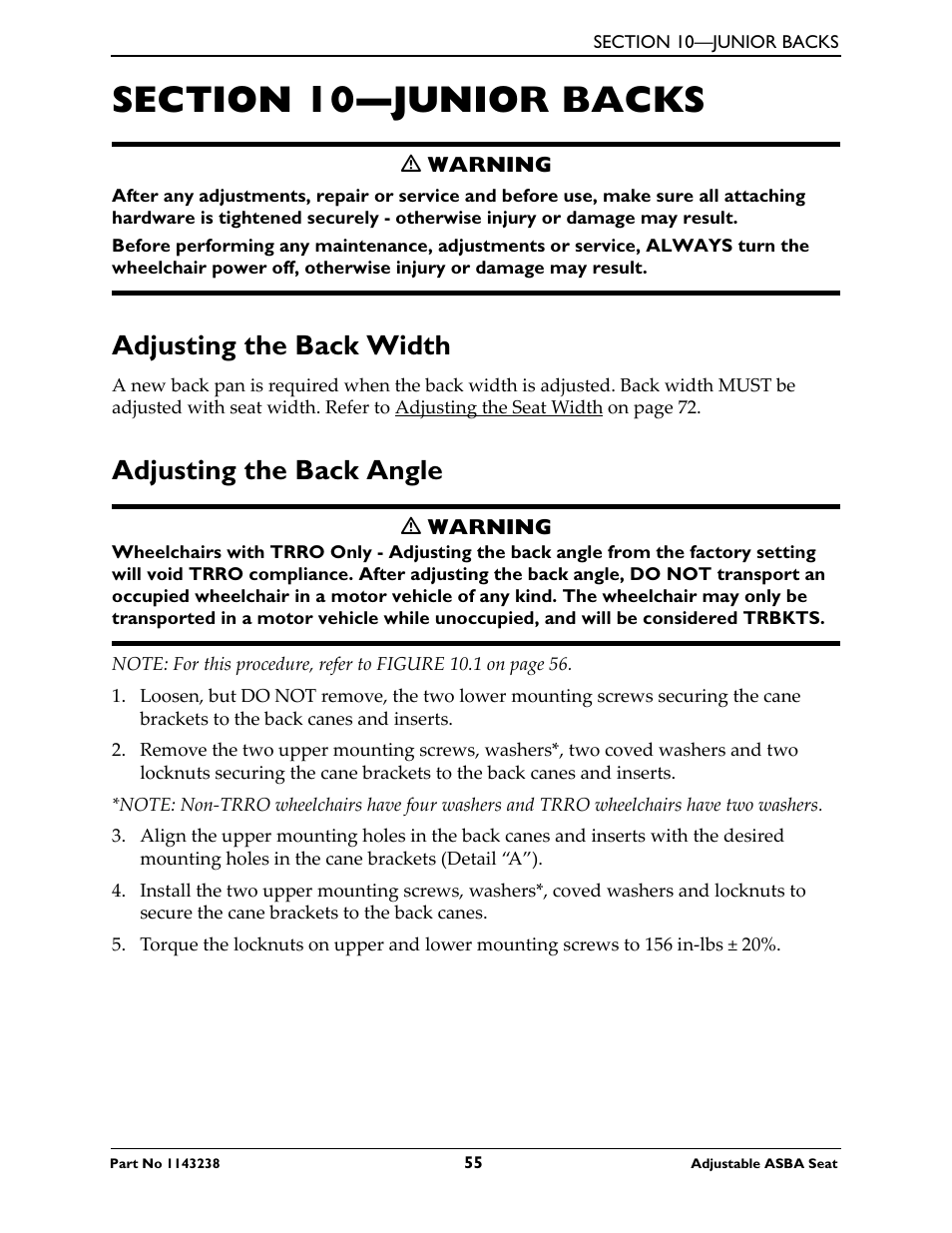 Section 10—junior backs, Adjusting the back width, Adjusting the back angle | Invacare Adjustable ASBA Seat User Manual | Page 55 / 76