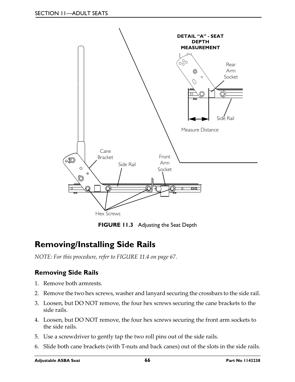 Removing/installing side rails, Removing side rails | Invacare Adjustable ASBA Seat User Manual | Page 66 / 76