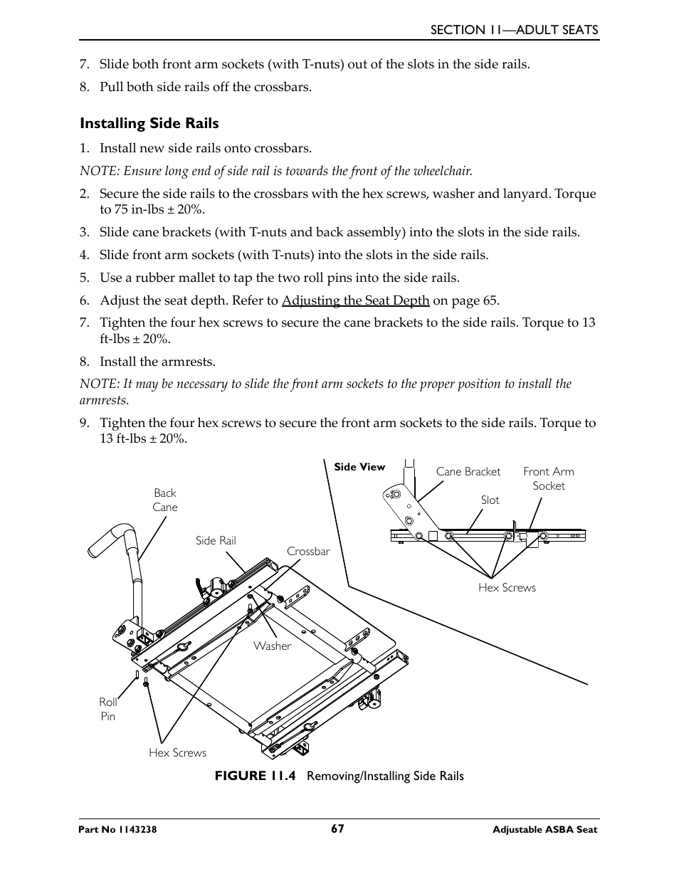 Installing side rails | Invacare Adjustable ASBA Seat User Manual | Page 67 / 76