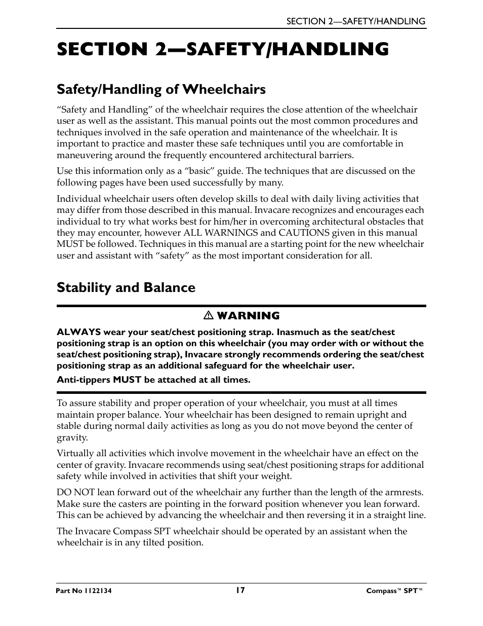 Section 2- safety/handling, Safety/handling of wheelchairs, Stability and balance | Section 2—safety/handling | Invacare Compass SPT PH904A User Manual | Page 17 / 64